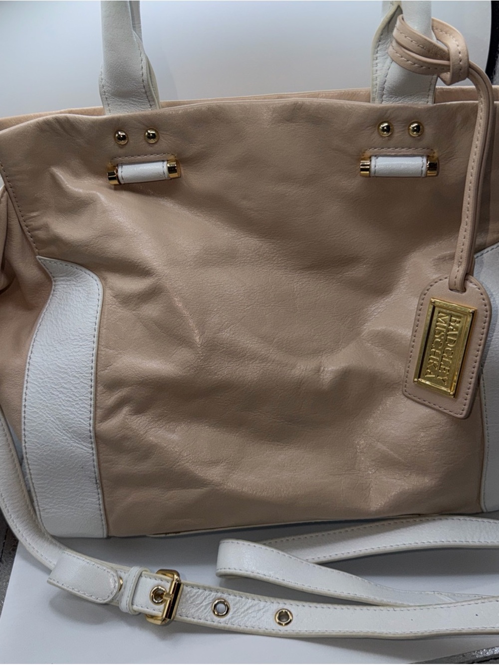 Badgley Mischka Women's Tan & white Leather Shoulder Bag crossbody Large
